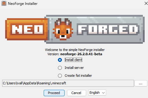 Okno instalatora NeoForge z zaznaczoną opcją Install client