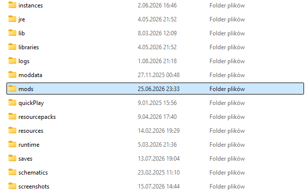 Folder mods w katalogu .minecraft